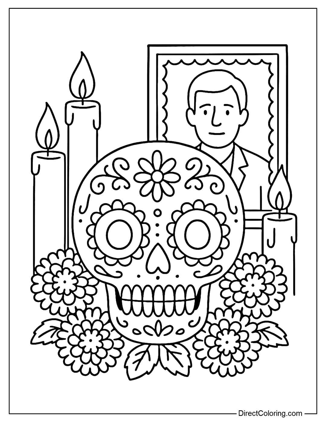 A skull coloring page on the Día de los Muertos altar, surrounded by bright candles, yellow daisies and photos of loved ones being remembered.