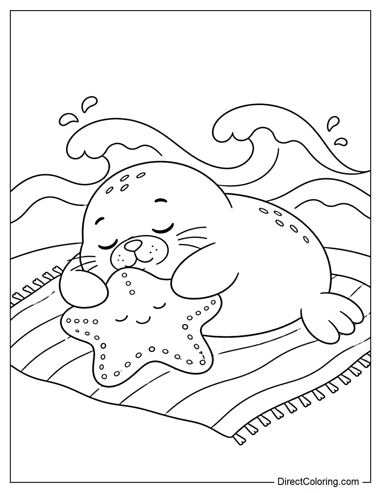 A chubby seal is sleeping on a beach towel, hugging a starfish-shaped pillow, with gentle waves in the background.