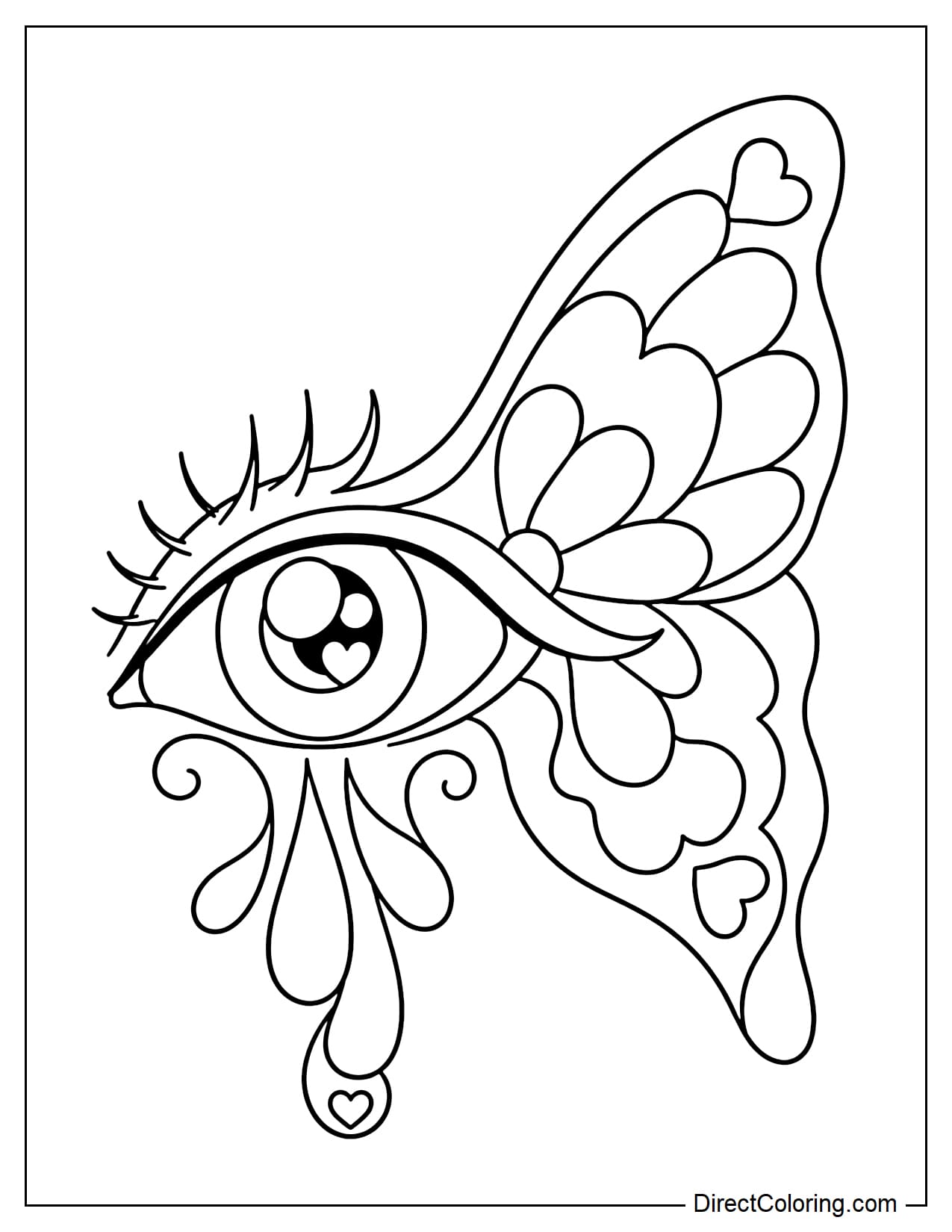 A large stylized eye with clearly curved lashes, with the upper eyelid and outer corner designed like a butterfly wing, and a few rounded decorative drips flowing beneath the eye.