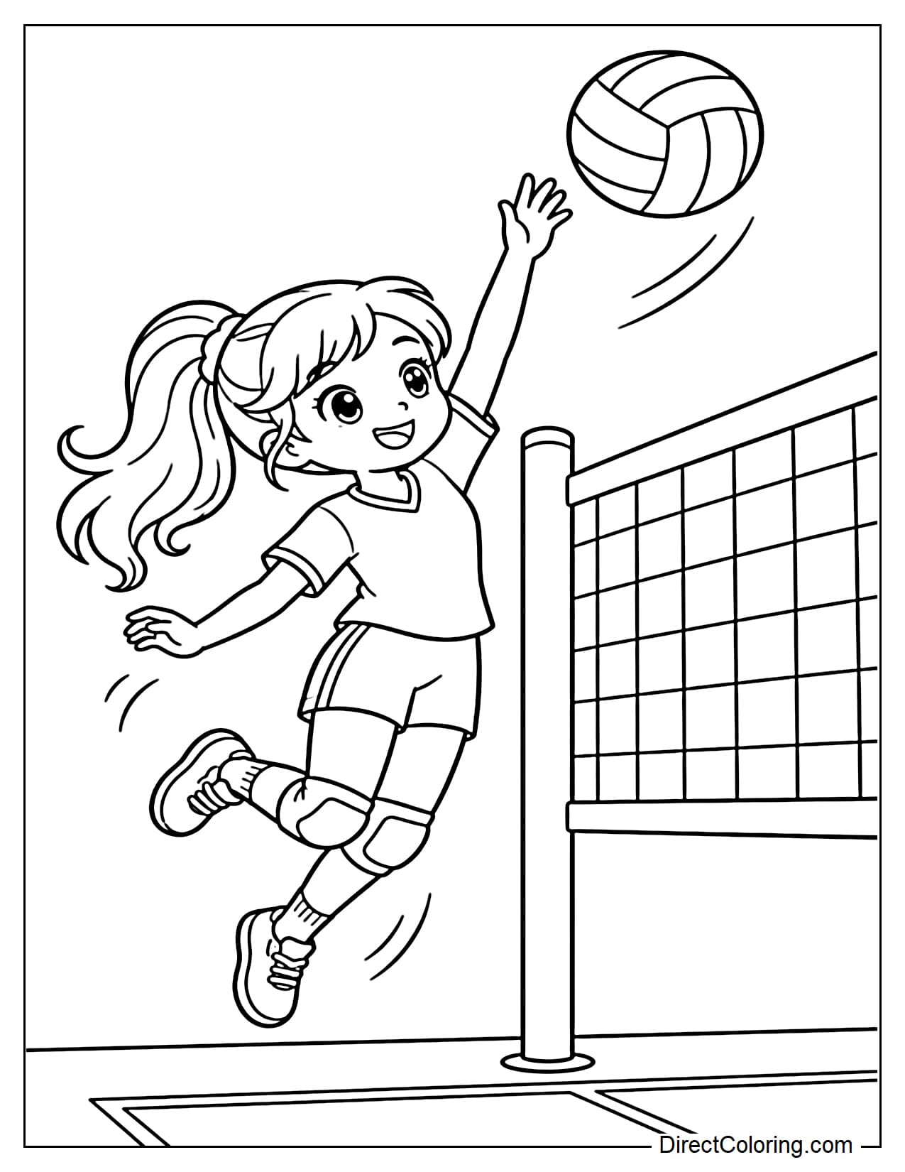 A young girl volleyball player is jumping up to spike the ball over the net.