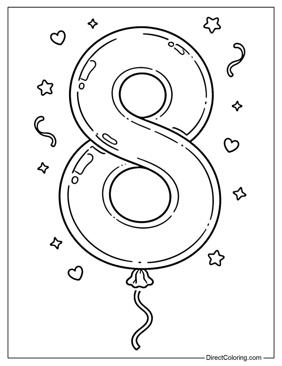 Coloring page of a softly rounded number 8 balloon.