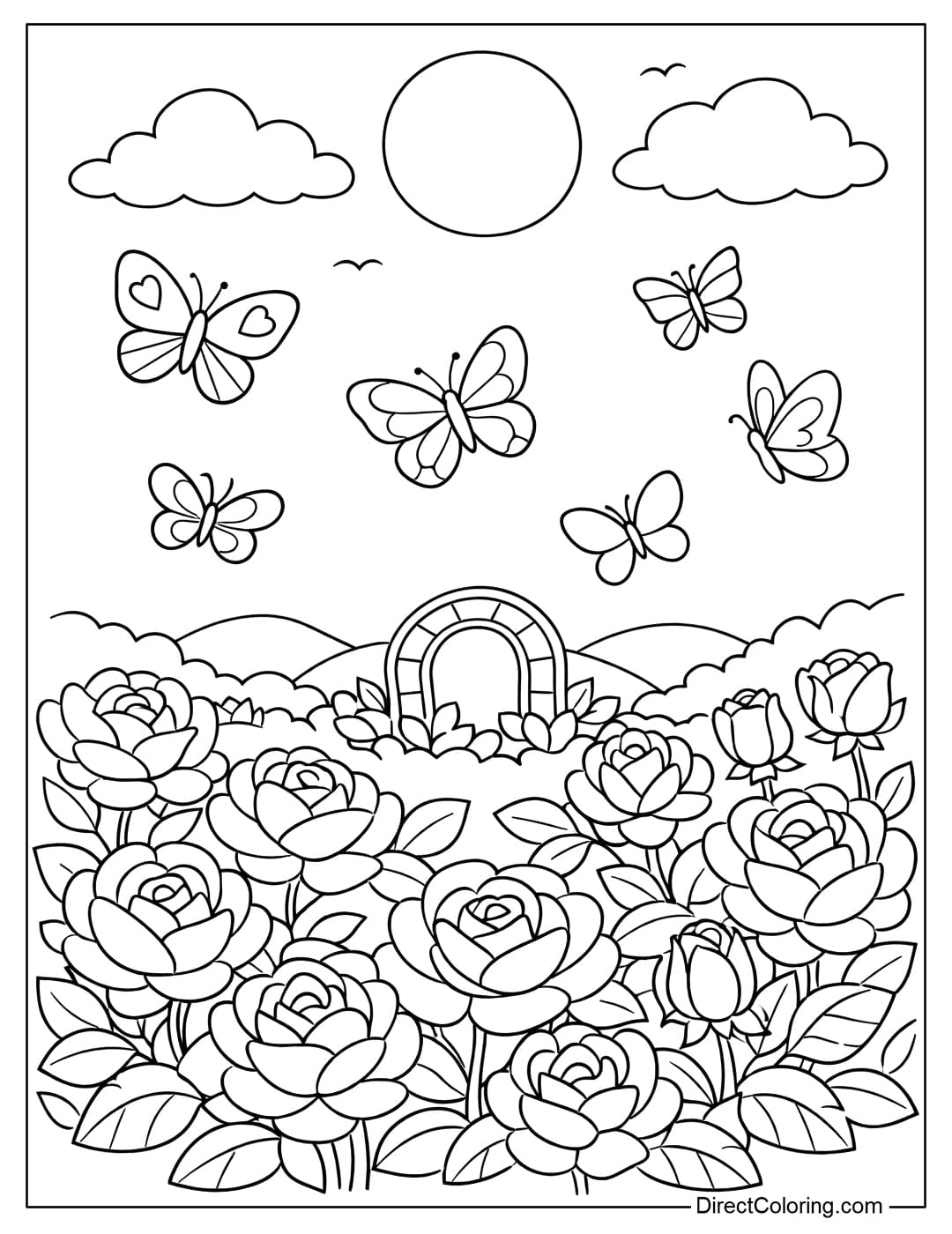 A coloring page of a rose garden with butterflies flying overhead, depicting a sunset scene.