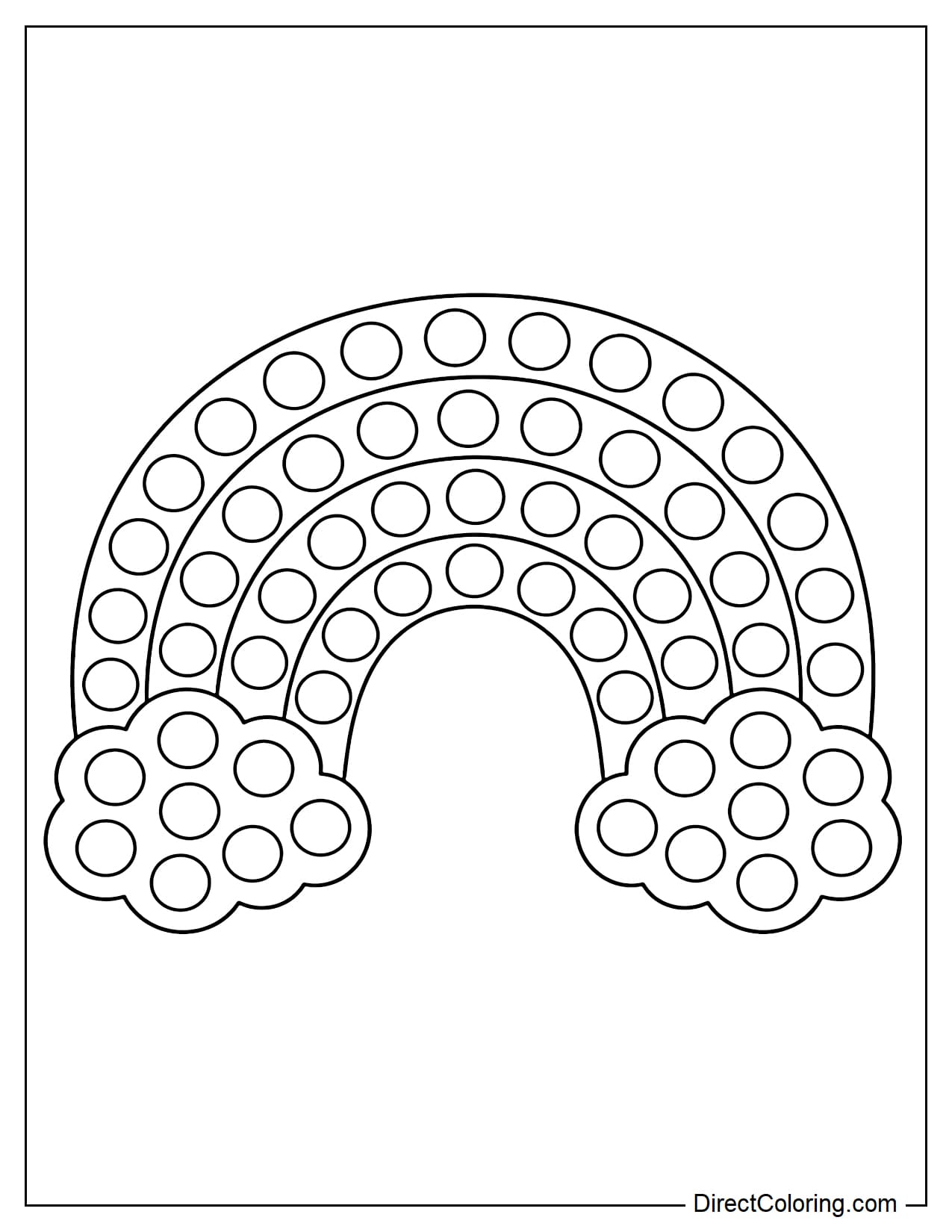 A rainbow-shaped pop-it with large curved strips, two simple round clouds at each end, and round bubbles arranged in strips of color.