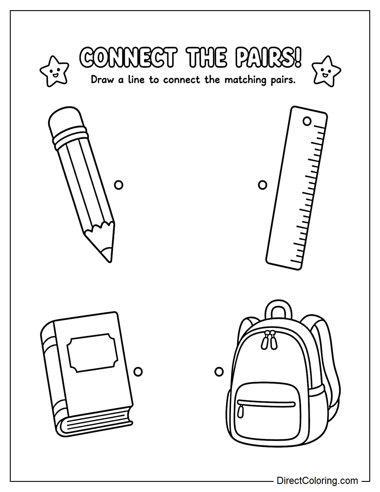 A matching exercise where children connect pencils to rulers, books to school bags; simple and clear layout.