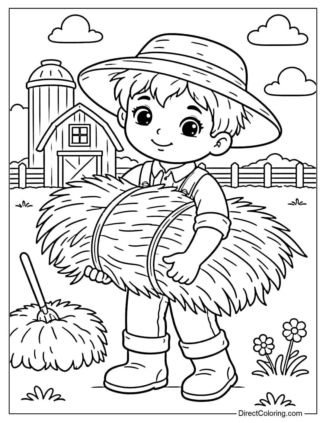 A coloring page of a boy carrying a large hay bundle from the barn.