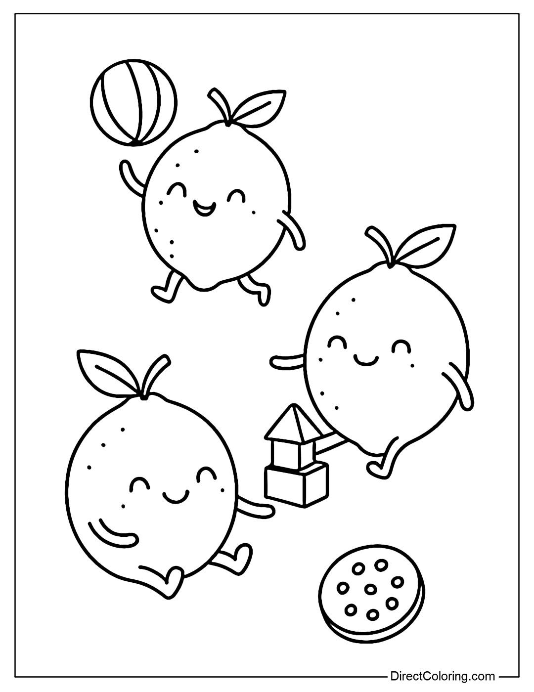 Coloring page of three baby lemons playing with balls, puzzles and cookies.