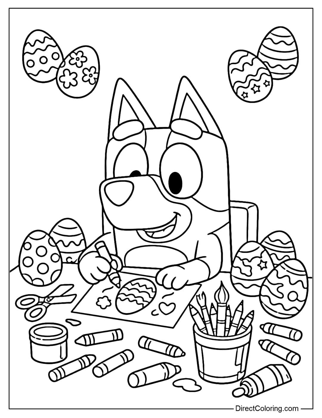 Bluey is sitting at a painting table with many Easter eggs and paintbrushes around her.