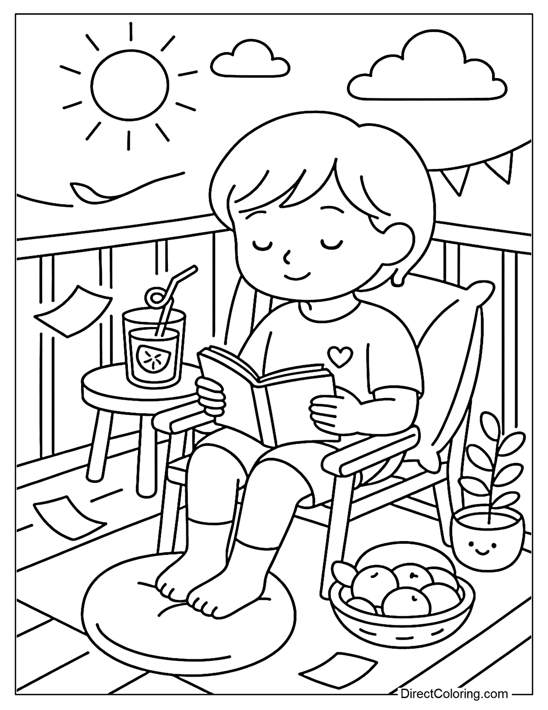 Coloring page of a sunny afternoon, a baby sitting on the balcony reading a book, drinking fruit juice, the wind blowing gently making the paper flutter.