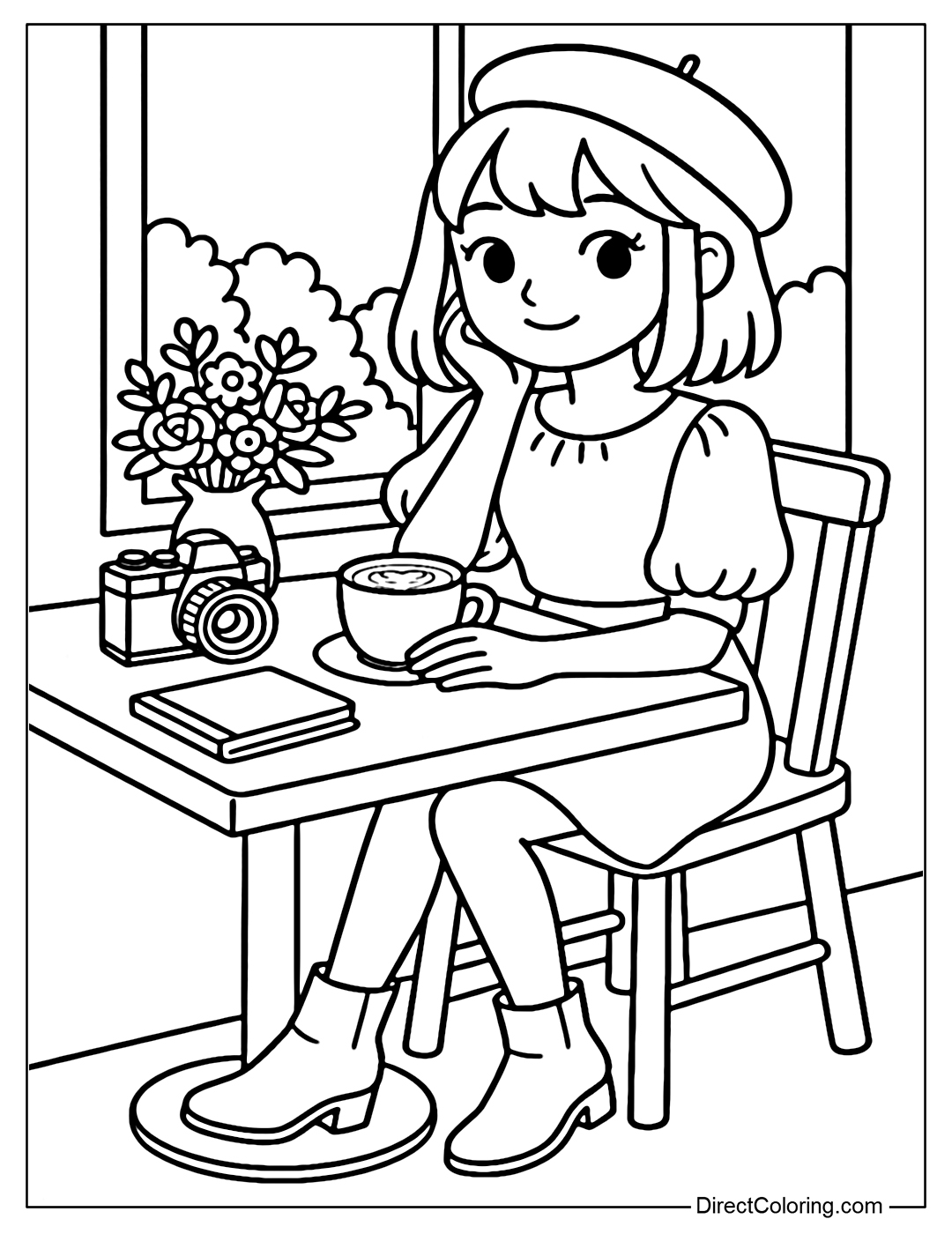 Coloring page of a girl sitting at a wooden table by a bright window. The table has a camera, fresh flowers, a cup of coffee, a notebook and a small potted plant.