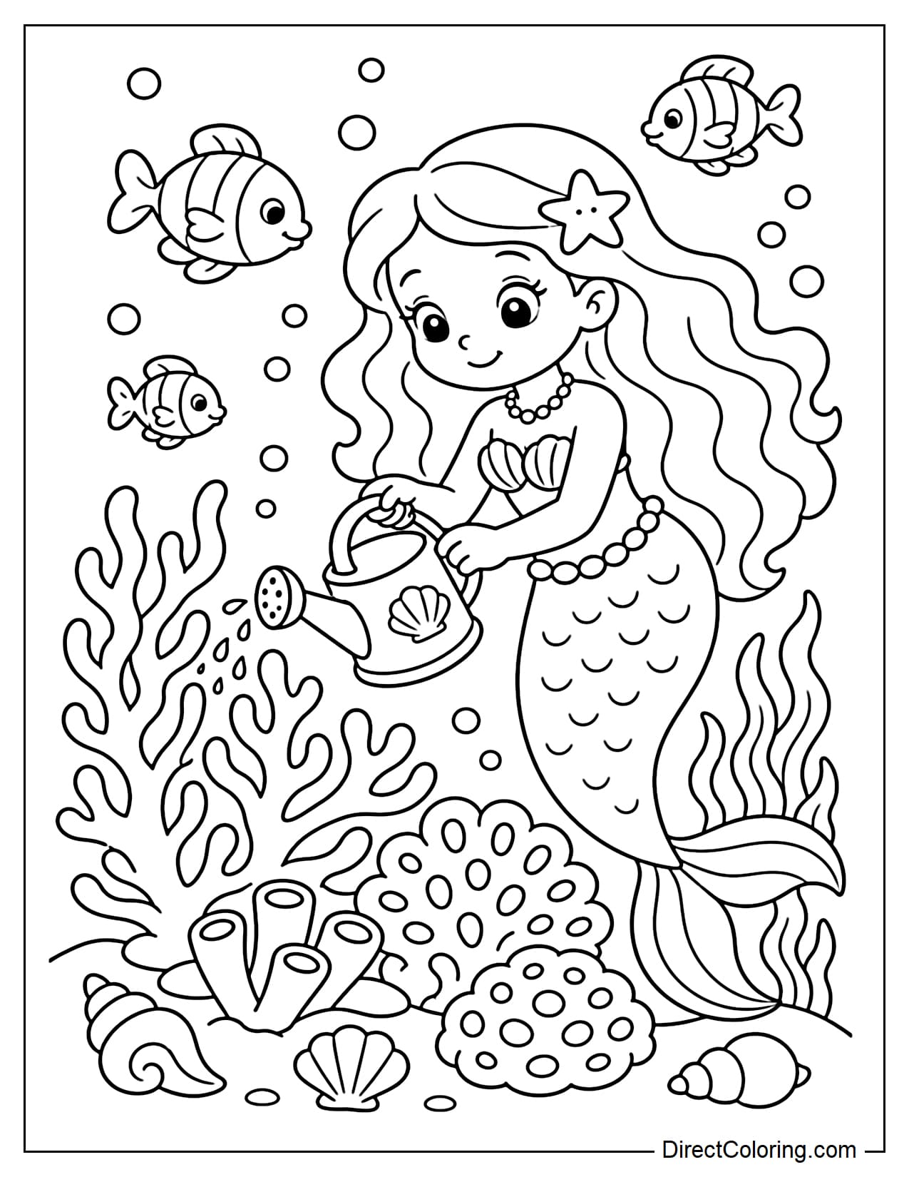 A mermaid is tending a coral garden, surrounded by large coral clusters, seaweed, seashells, and some small fish.
