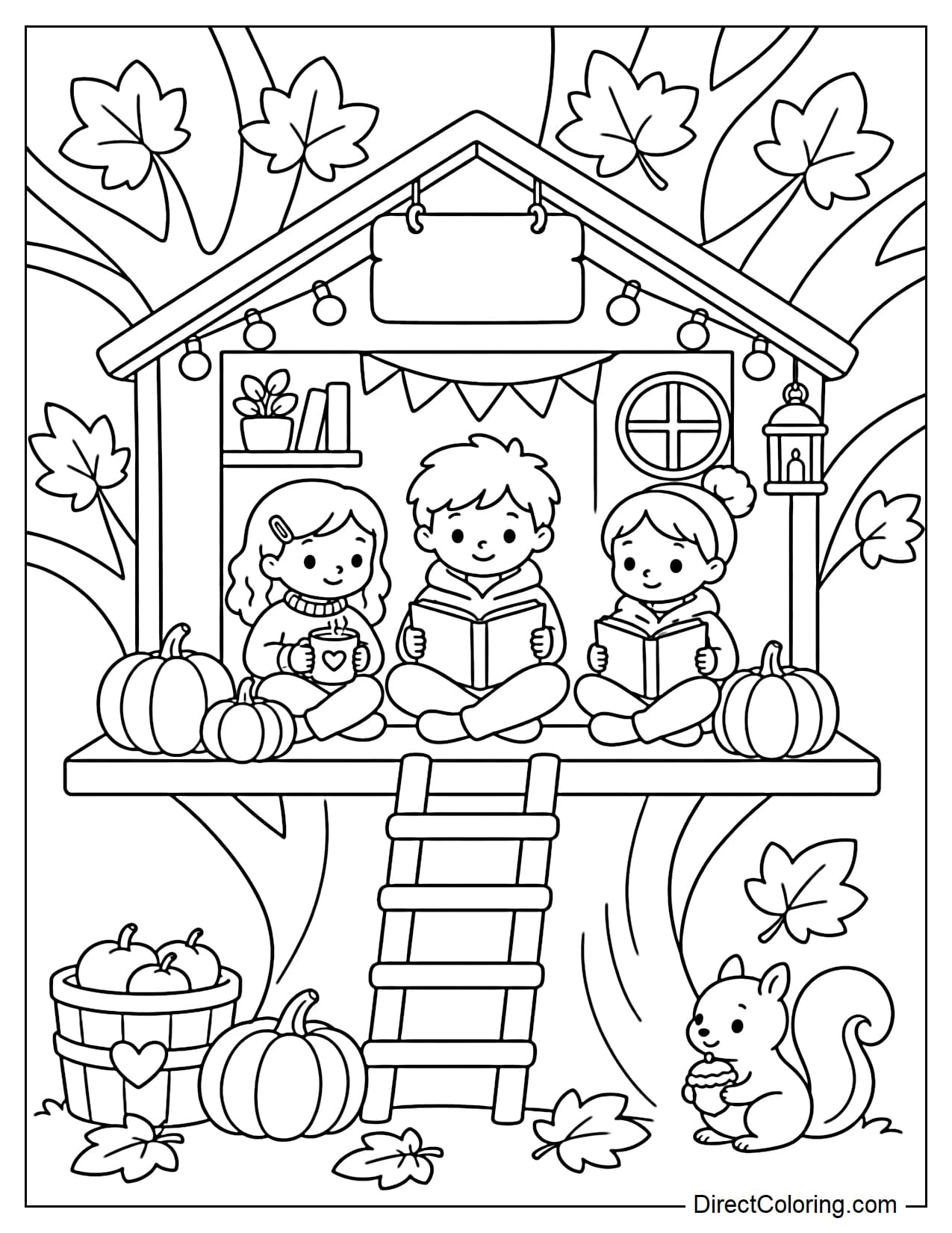 A treehouse decorated for October with small string lights, pumpkins, autumn leaves, and three children sitting together while reading books and enjoying hot cocoa.