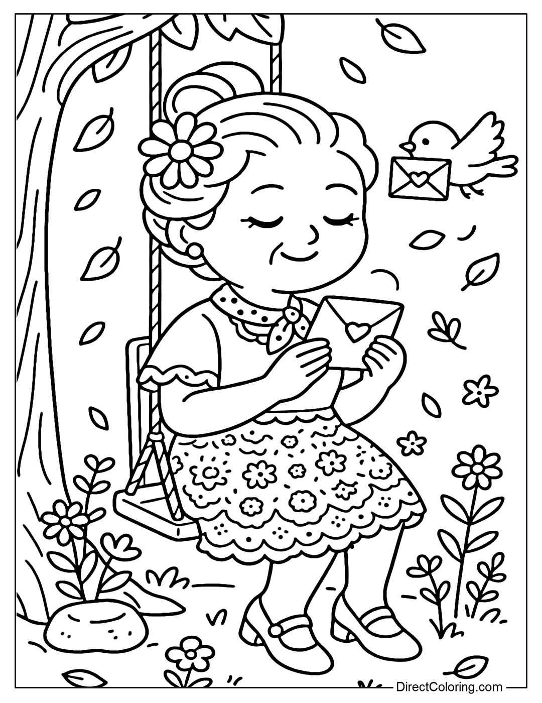 Coloring Page Grandma sits on a wooden swing hanging between the trees, holding a letter in her hand, her eyes dreamy, her smile shy.