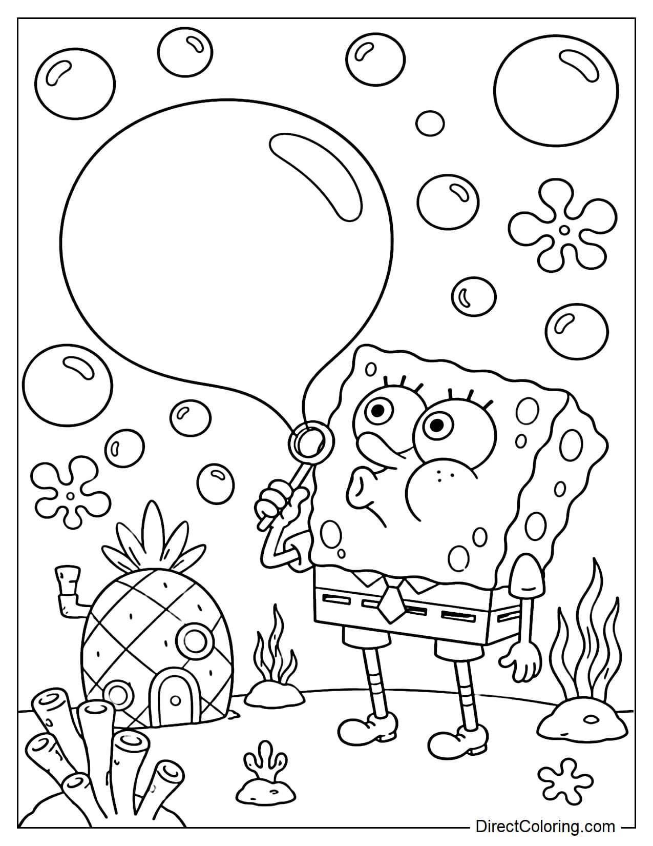 SpongeBob is blowing large bubbles underwater, with many large, round bubbles floating around him.