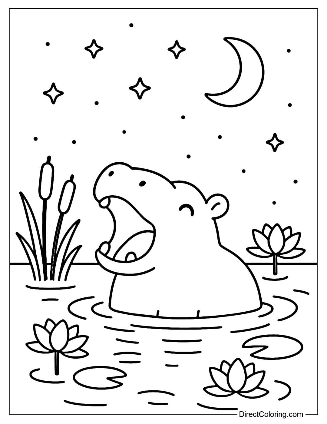 a hippo coloring page lying half-way in the river under the moonlight, yawning cutely.