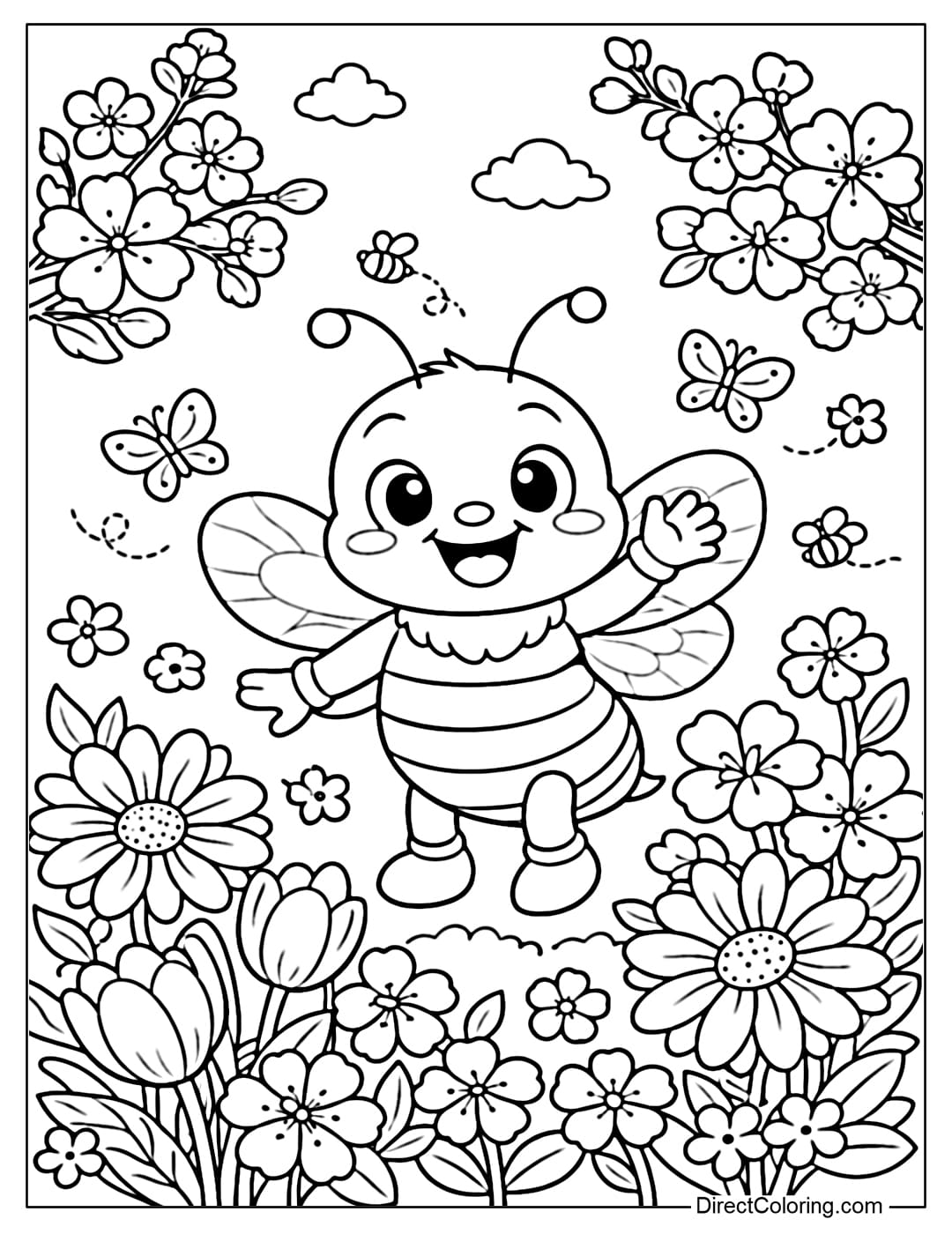 A coloring page featuring a bee welcoming spring with flowers blooming all around.
