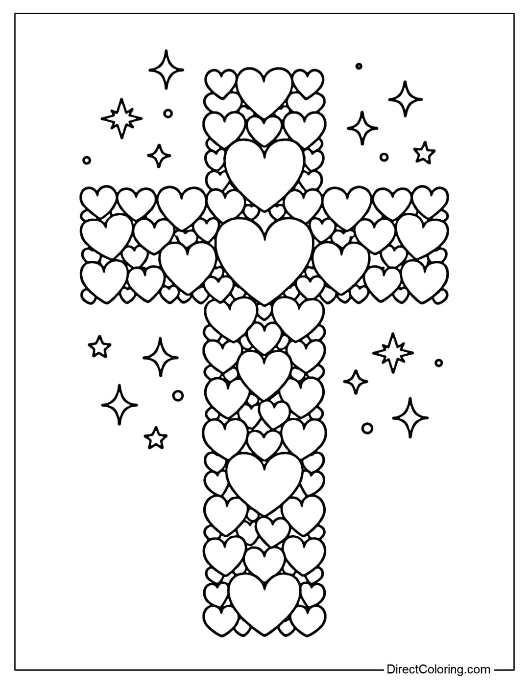 A coloring page of a cross made up of many small hearts joined together, surrounded by a few small stars.
