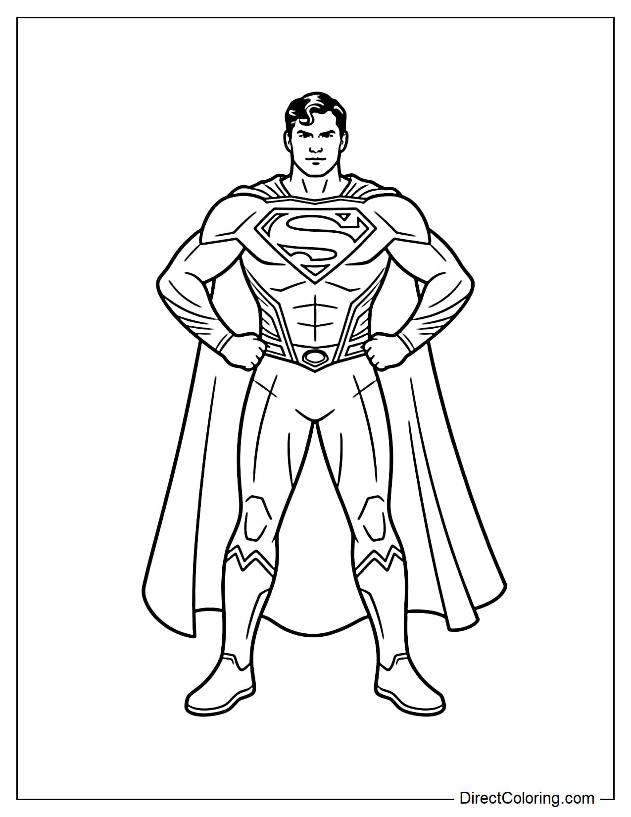 Coloring page of Superman standing in a heroic pose, hands on hips, full of confidence.