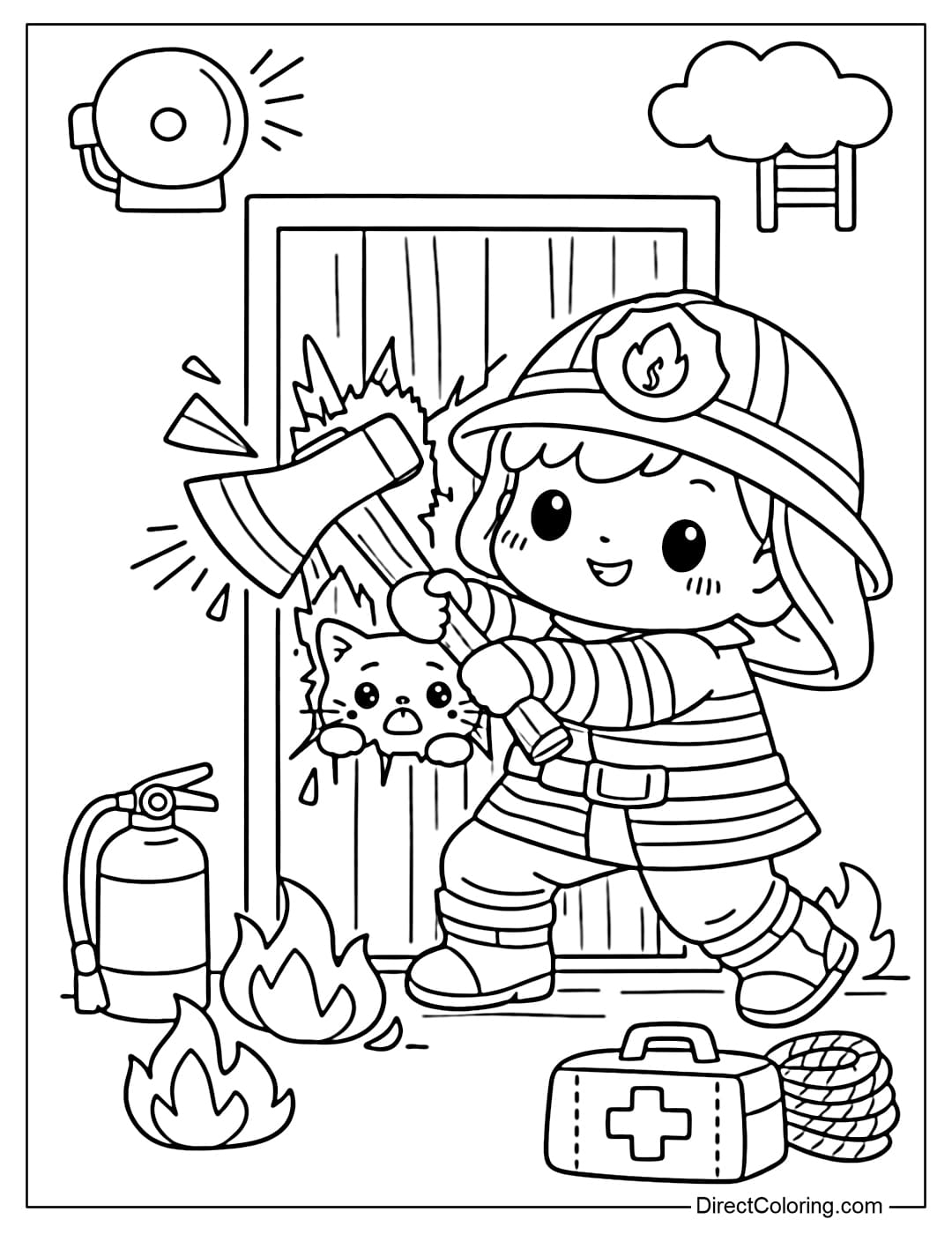 Coloring page of a firefighter using an axe to break down a door and rescue someone.