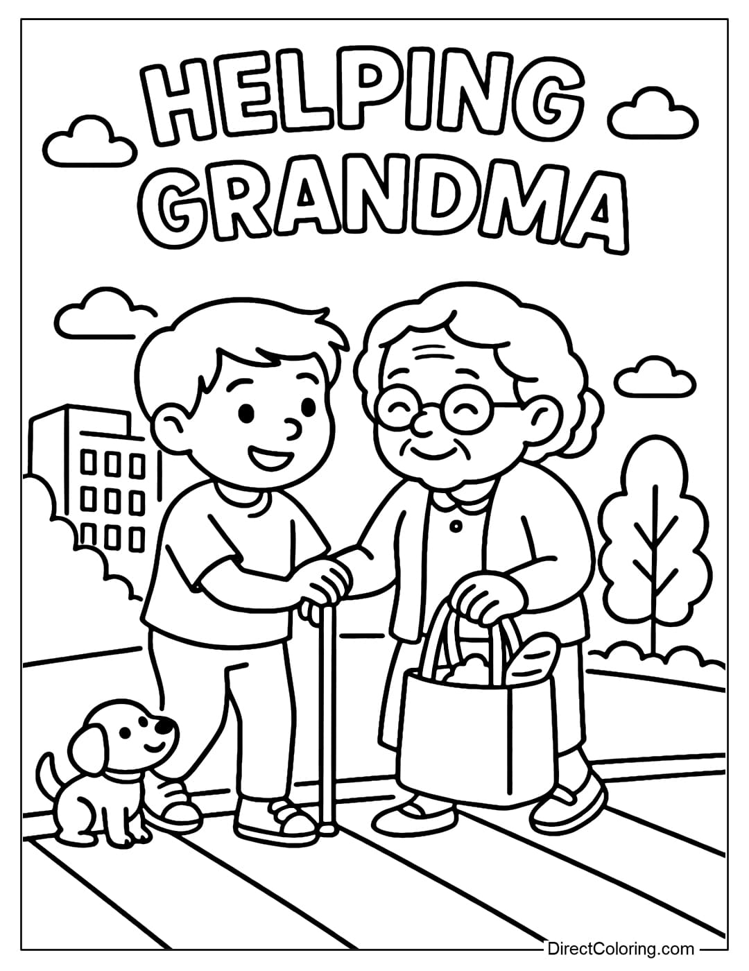 A coloring page of a boy helping an old woman carry a bag across the street.