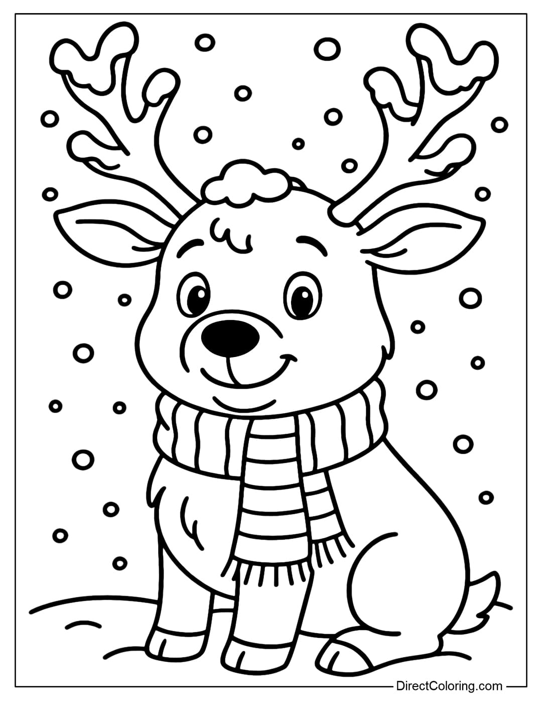 Reindeer with Scarf Coloring Page A reindeer coloring page wearing a warm striped scarf, with snow on its horns.