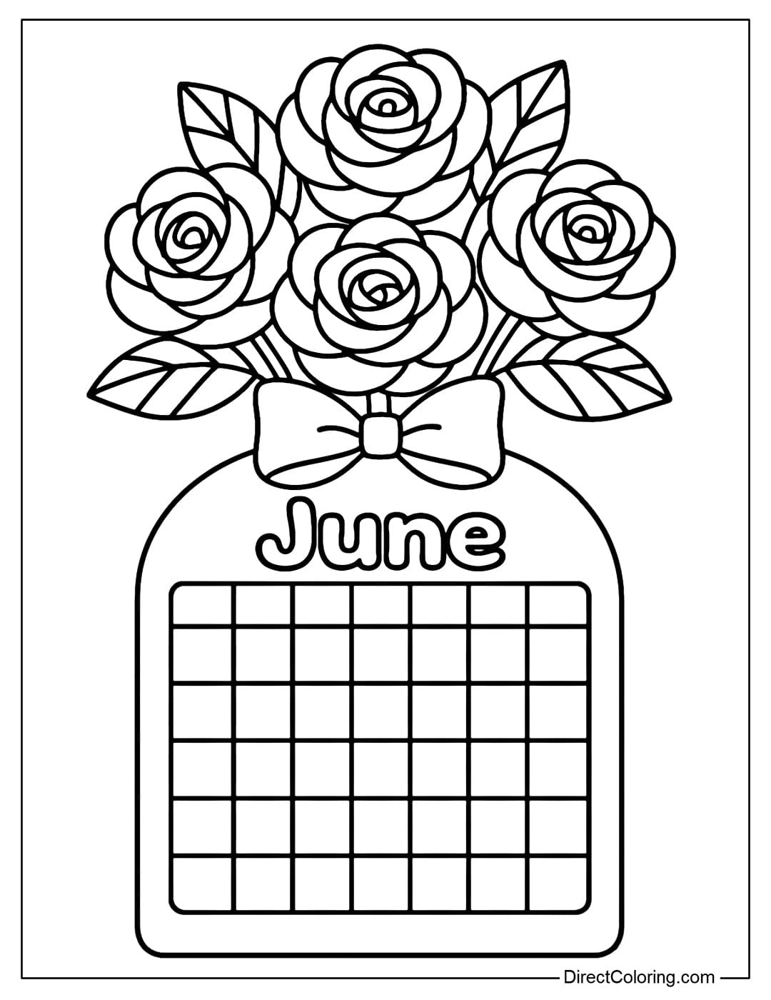 June&nbsp;calendar coloring page features a rounded calendar frame at the bottom and a large bouquet of roses at the top.