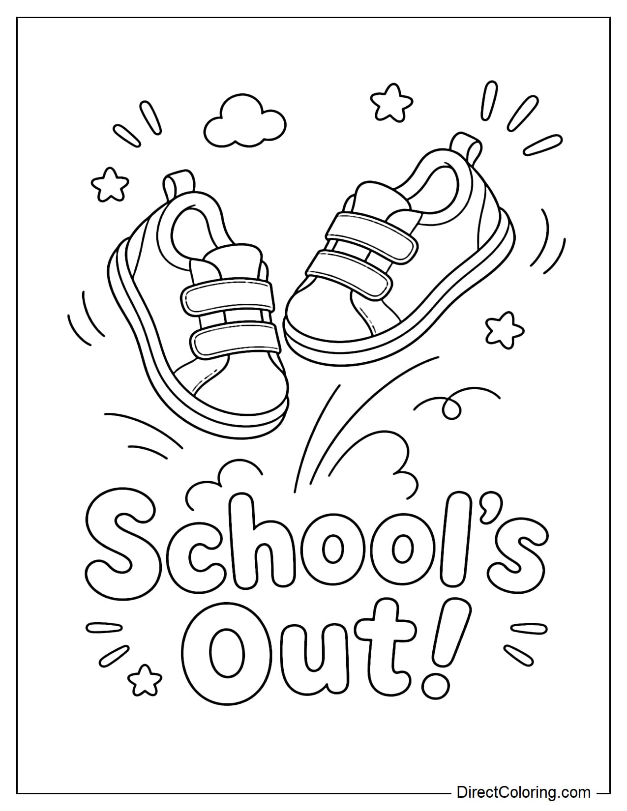 A pair of school shoes are jumping off the ground as if they just ran out of school, with the words 