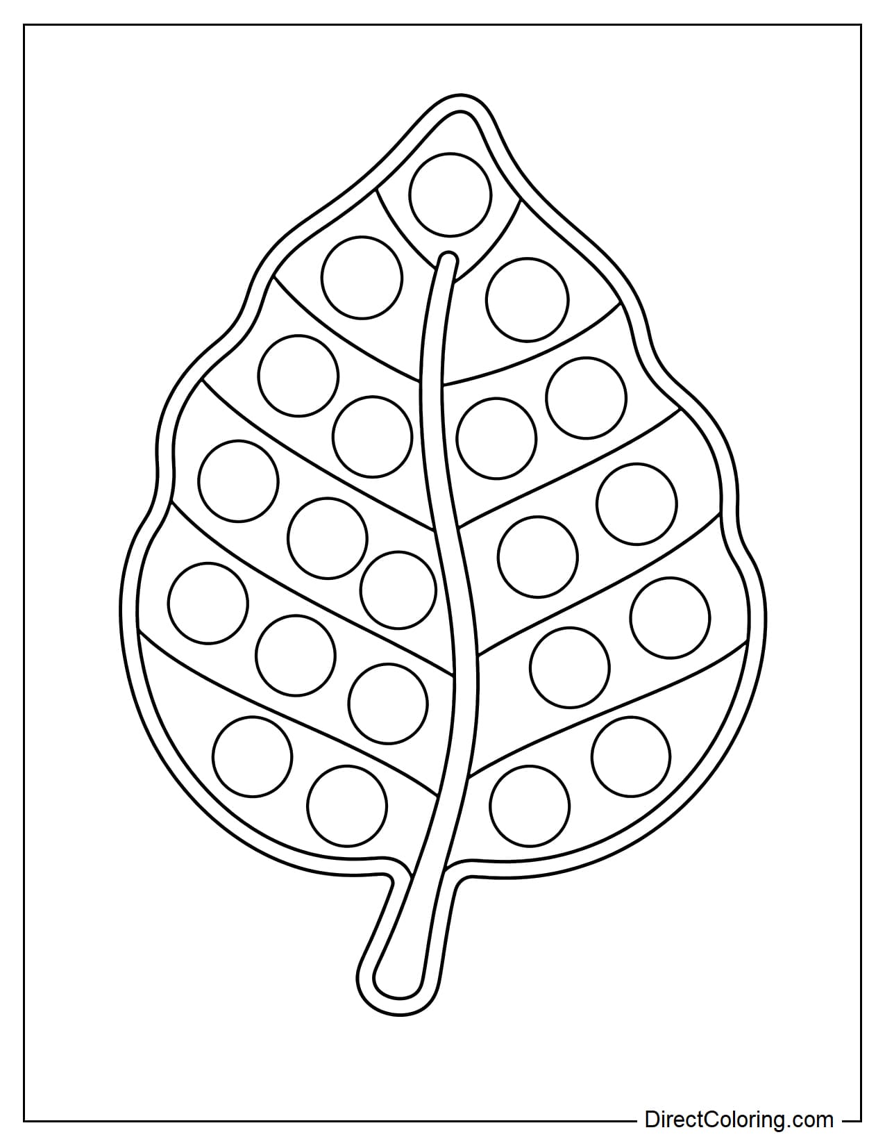 A large, leaf-shaped pop-it with a soft, curved outline, and round bubbles arranged along the leaf's central axis.