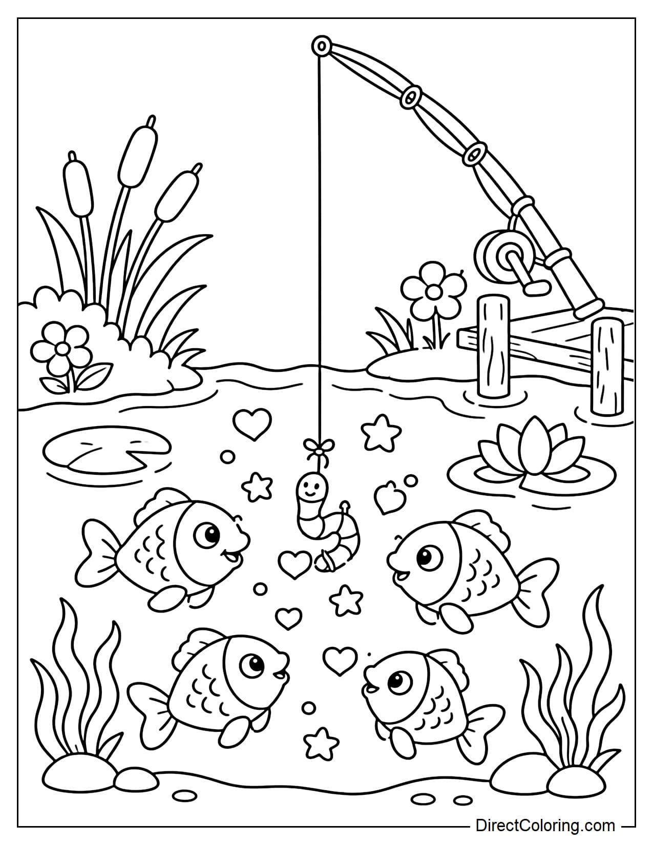 A fishing pond with bubbles rising in simple heart and star shapes, and fish swimming around the bait.