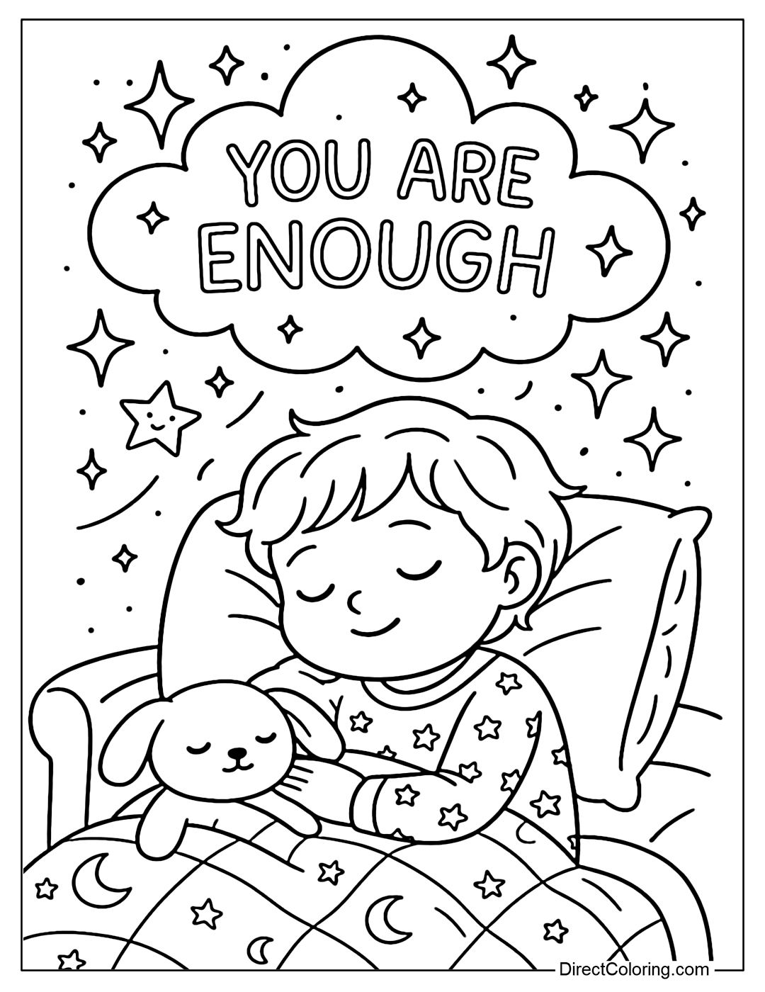 A coloring page of a dreaming baby with a cloud above it with the words You Are Enough and a bright star.