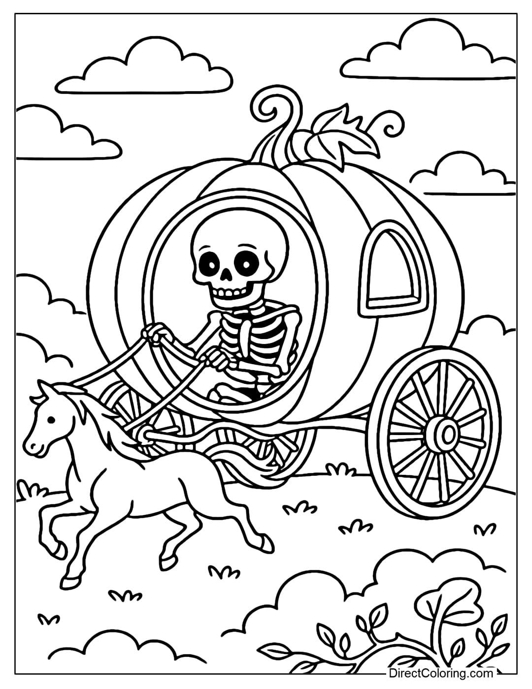Coloring page of a skeleton riding a pumpkin carriage, holding the reins, looks like a magical fairy tale scene.