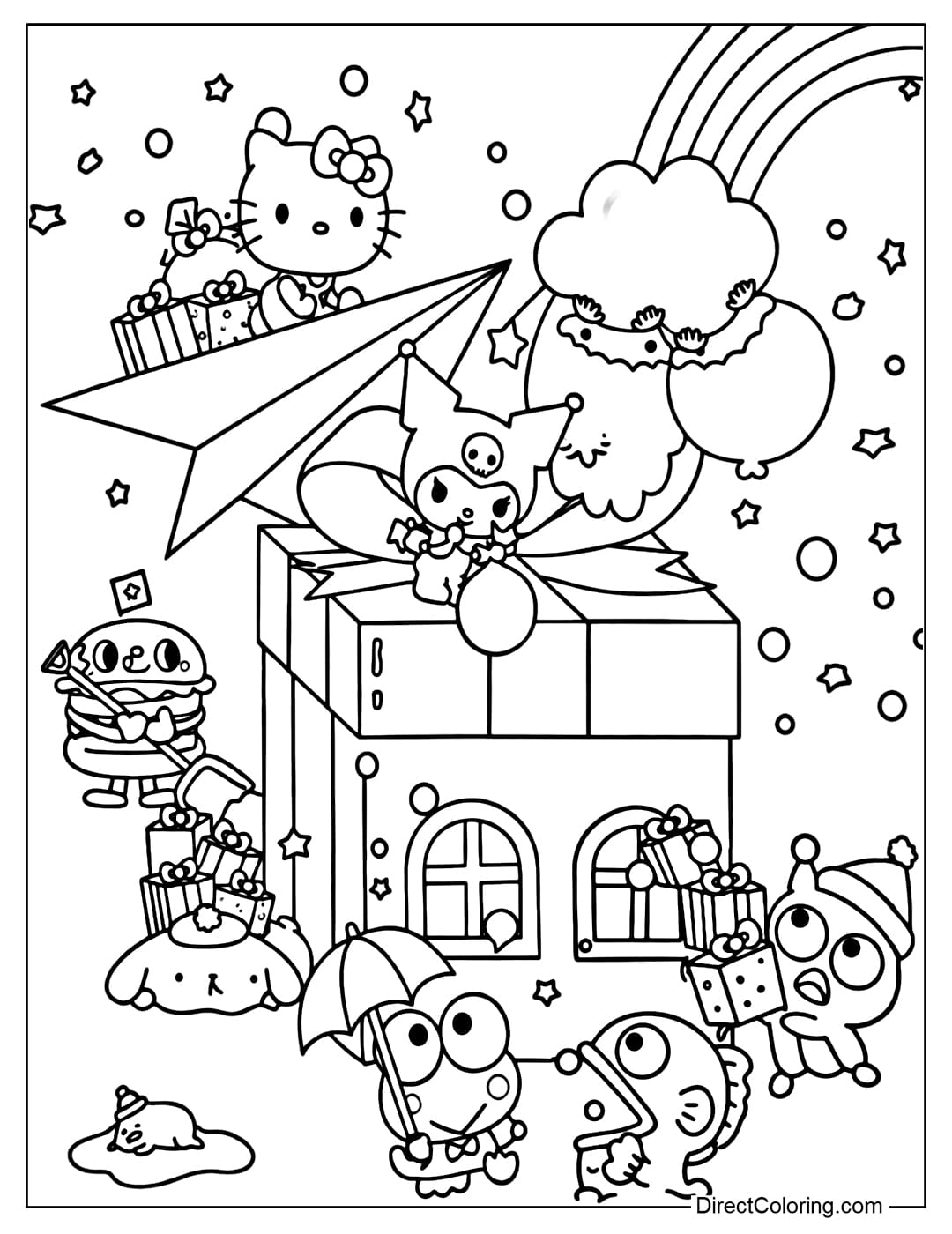 A coloring page featuring Sanrio characters preparing surprise gifts, wrapping paper, balloons, and a fun little house.
