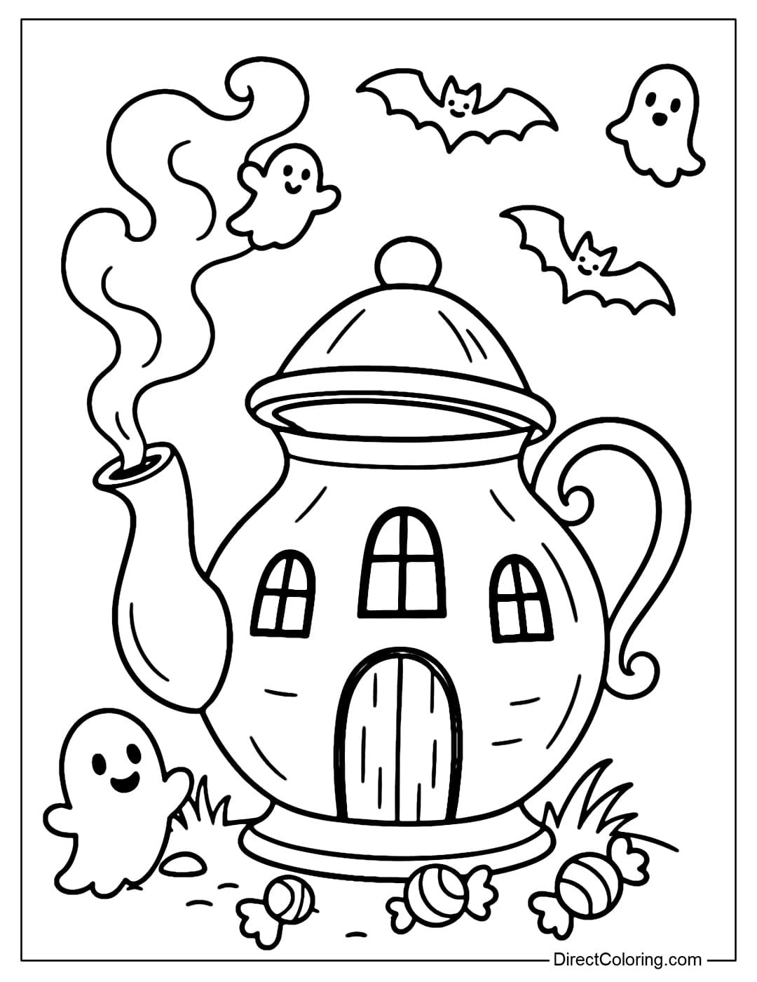 A classic teapot-shaped haunted house coloring page, the spout of the kettle spits out ghostly smoke