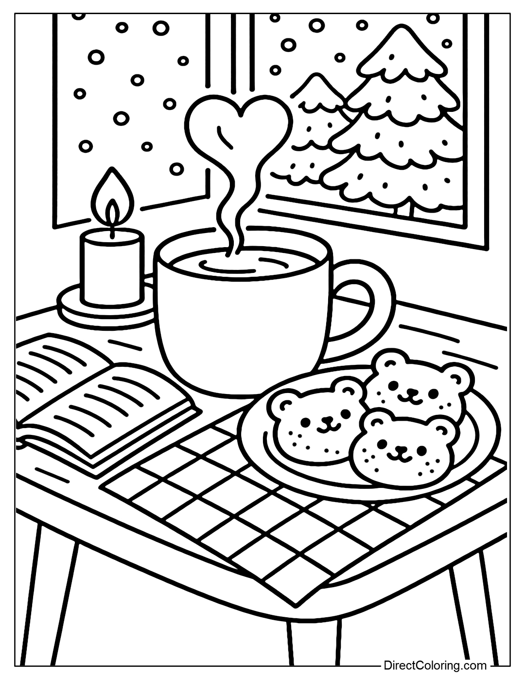 A hot chocolate coloring page placed on a small wooden table, next to it is a plate of crispy bear-shaped cookies. The warm cocoa steam curls into a soft heart shape.