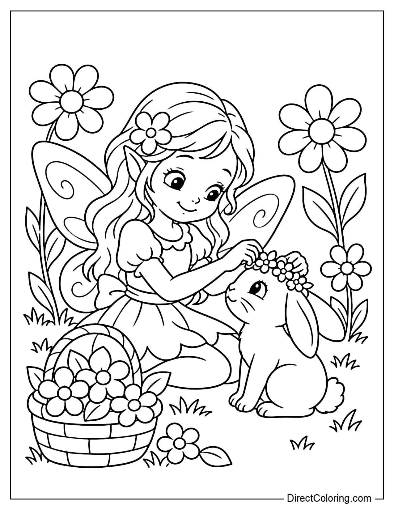 A fairy is sitting and making a small flower crown, placing it on the head of a well-behaved bunny sitting in front of her. A few large flowers and a small flower basket are nearby.