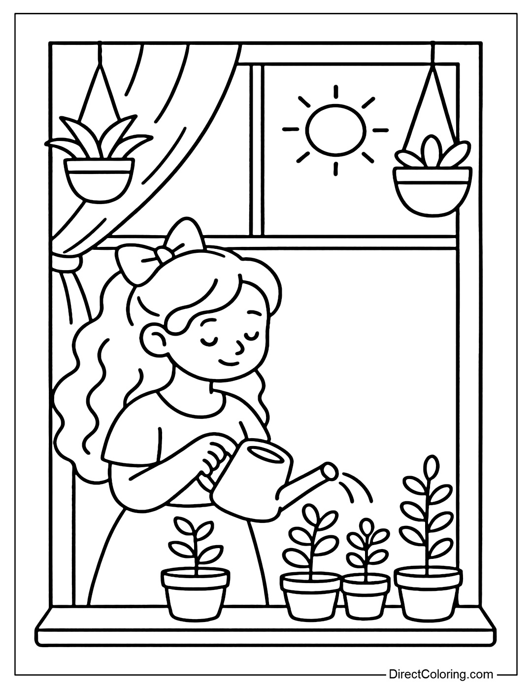 Coloring page A gentle girl is watering small potted plants by the window. You can draw a few hanging pots, gentle sunlight shining through the glass, soft curtains fluttering, creating a peaceful and fresh feeling.
