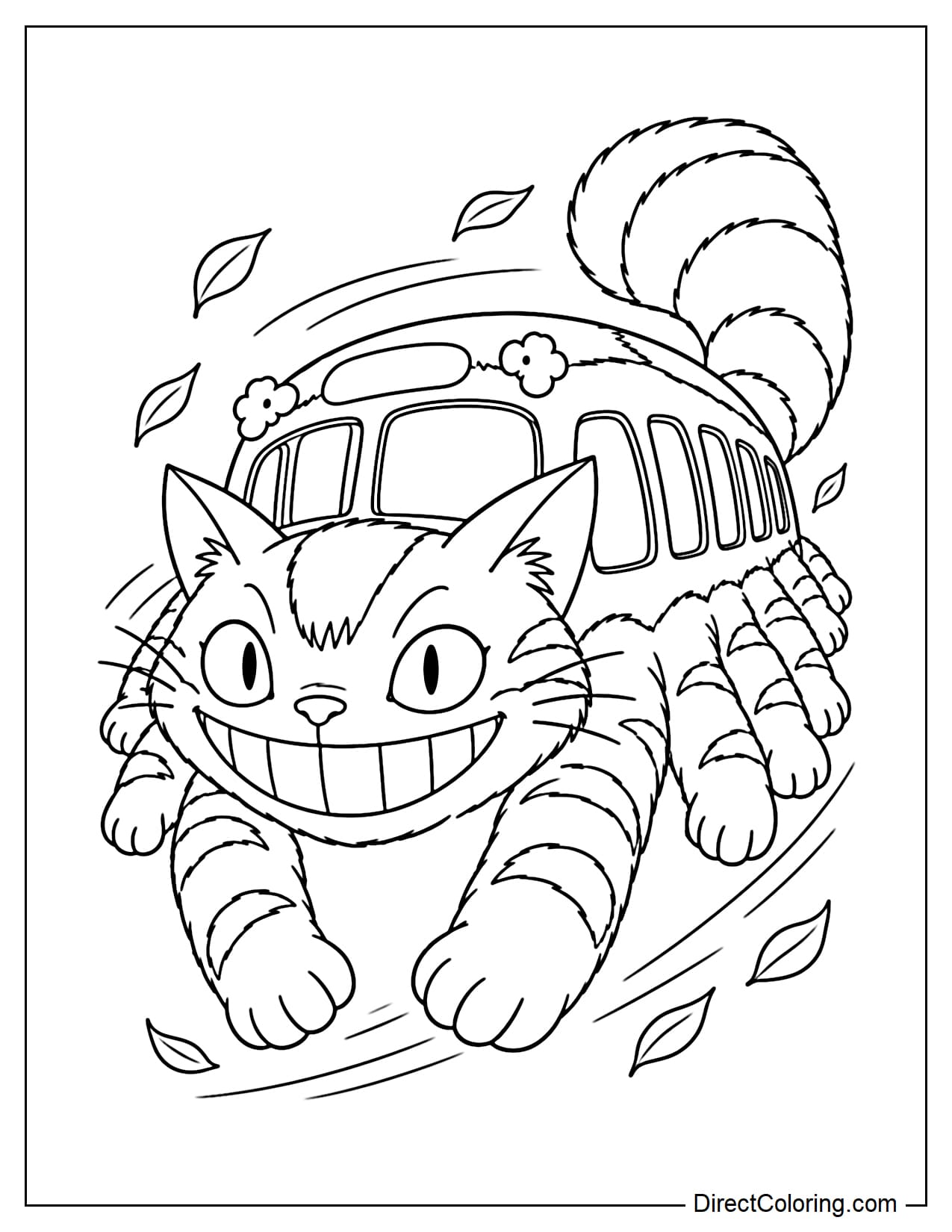 Catbus races forward with its long body slightly curved and many legs moving in different positions, with a few flying leaves and curved speed lines behind it.