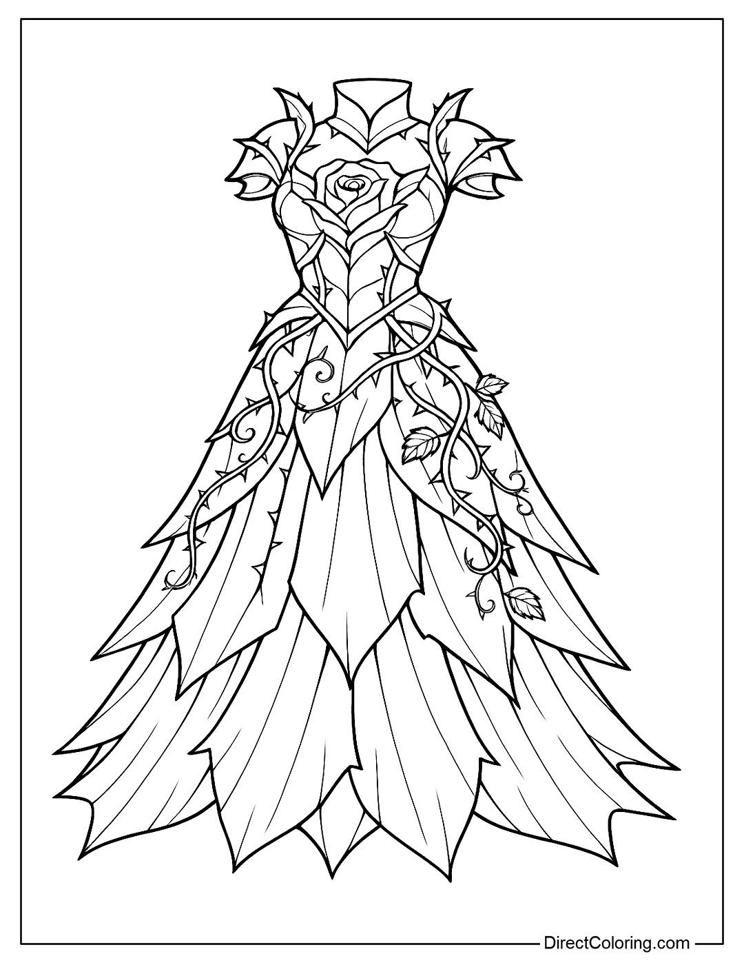 A coloring page of an armored dress inspired by red roses and sharp petals like armor, with thorns and vines wrapped around it