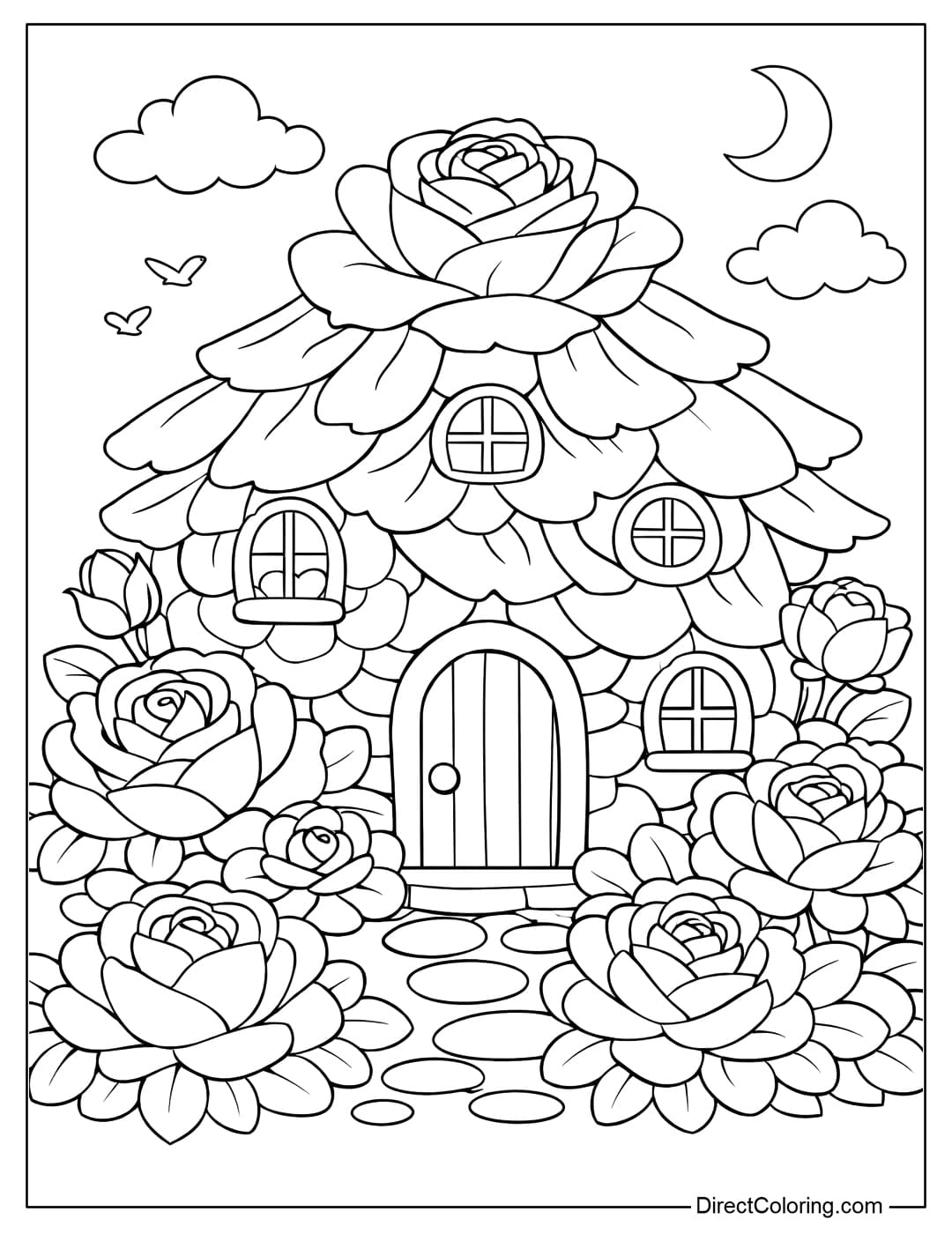 A coloring page of a fairytale house made from large roses, with petals forming the roof and walls, surrounded by rose bushes.