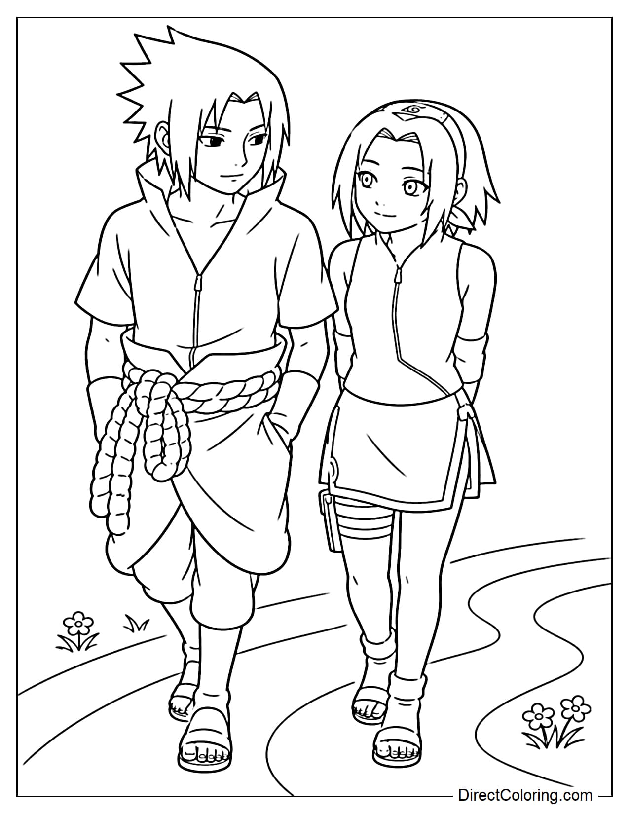 Sasuke and Sakura Haruno walk side-by-side on a trail with relaxed expressions.