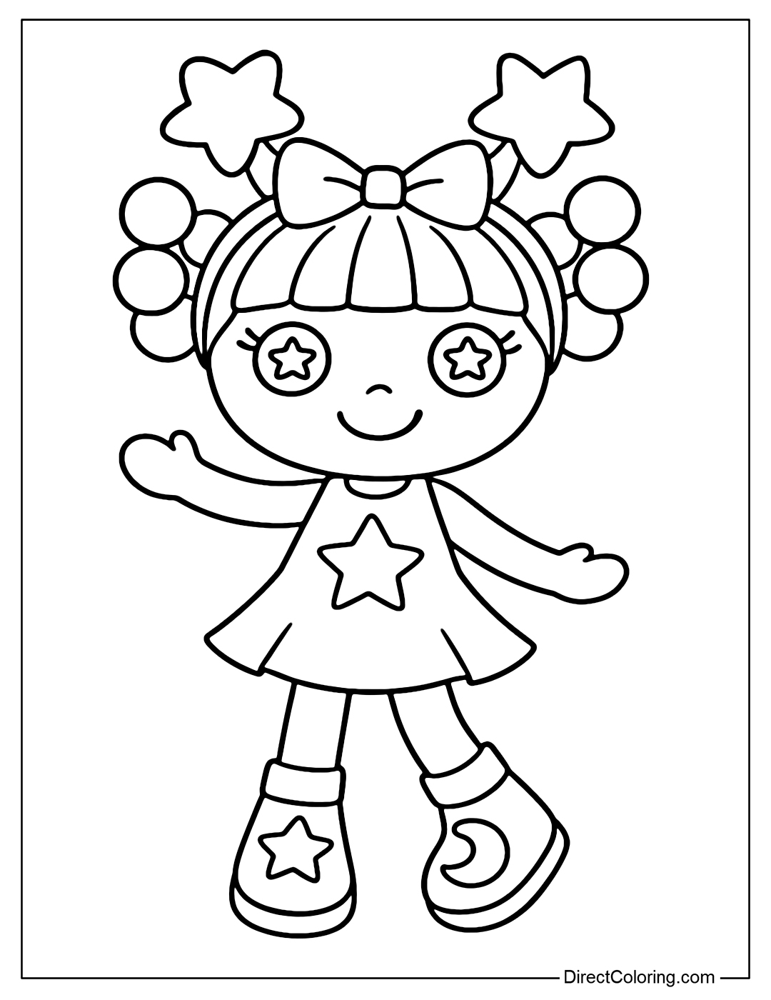 Tammy doll coloring page with star dress, moon-soled shoes. On the head are 2 simple star-shaped buns that are easy to color, no messy details.