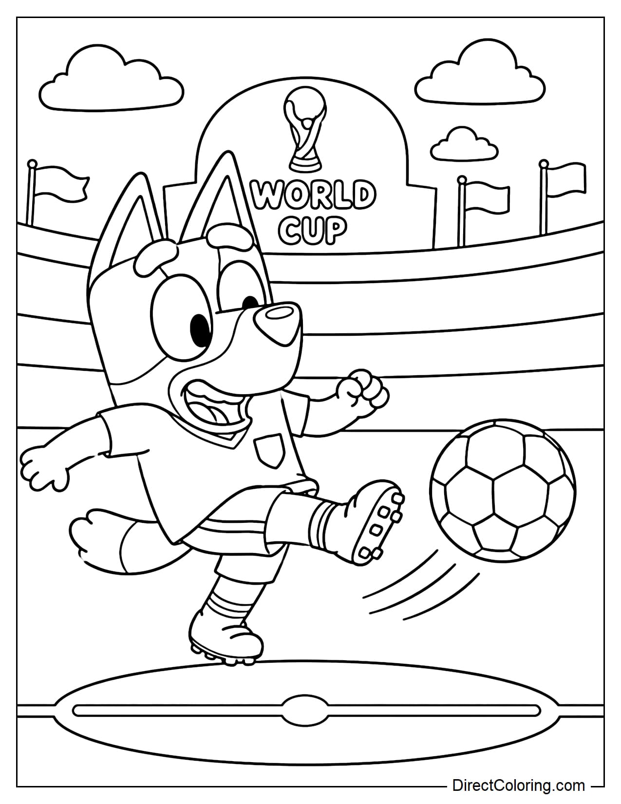 Bluey is kicking a football in a simple World Cup stadium, with basic grandstands behind, a few small flags, and clouds in the sky.