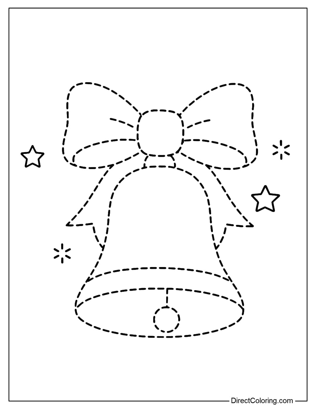 Christmas bell tracing coloring page with bow on top; surrounded by 2–3 small stars.