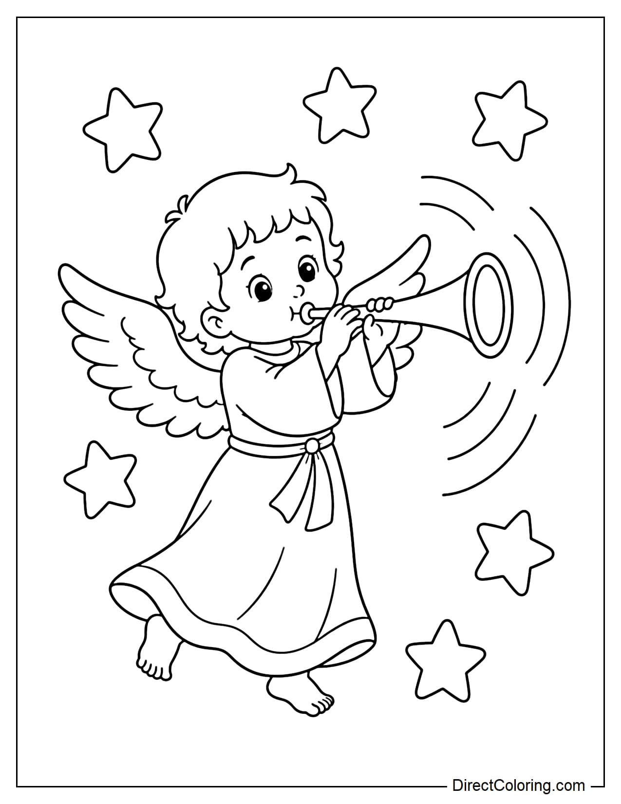 An angel blows a long trumpet, surrounded by curved sound lines and large stars.