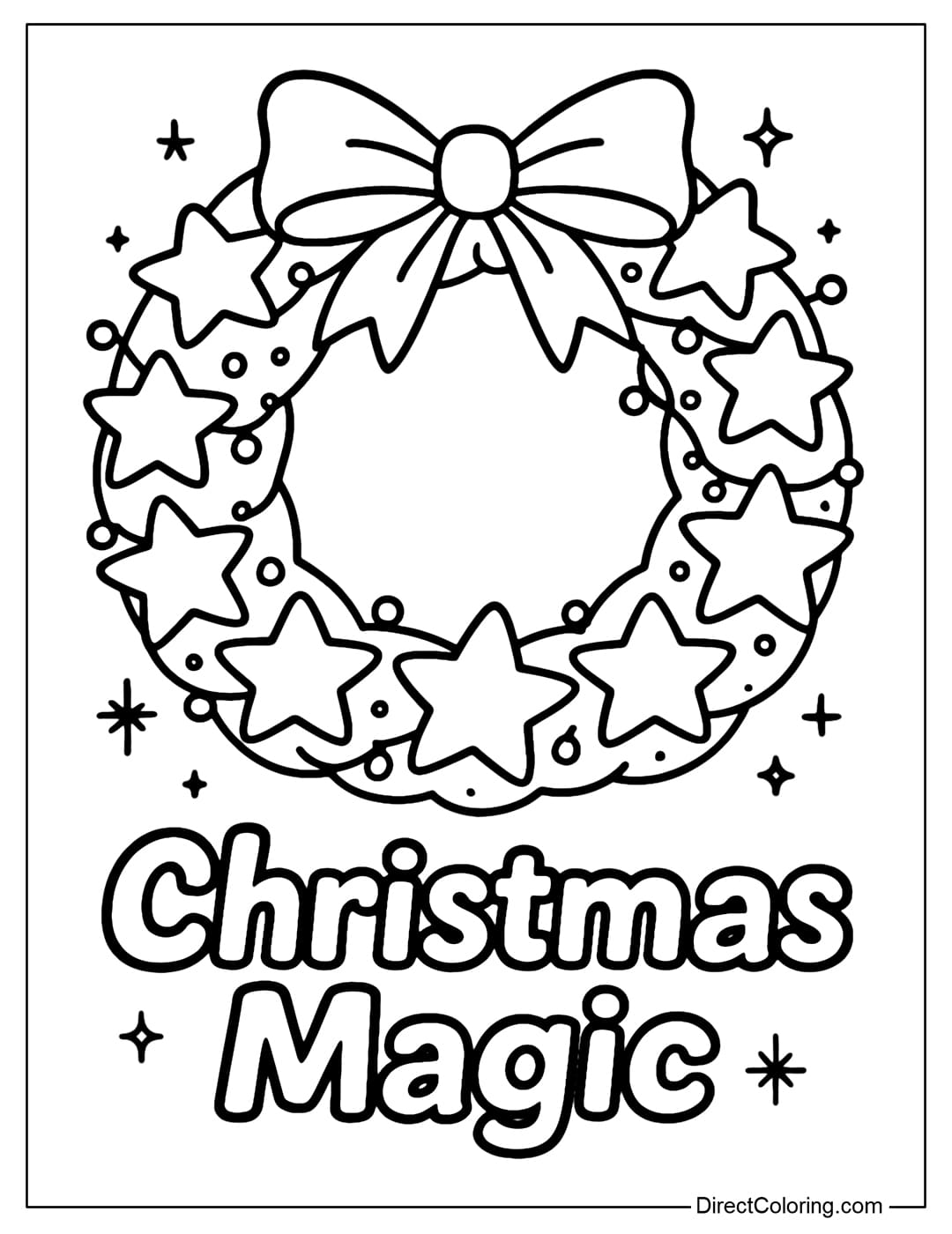 Christmas Magic Wreath Coloring Page Coloring page of a wreath with stars, ribbons, and small lights, with the word Christmas Magic below.