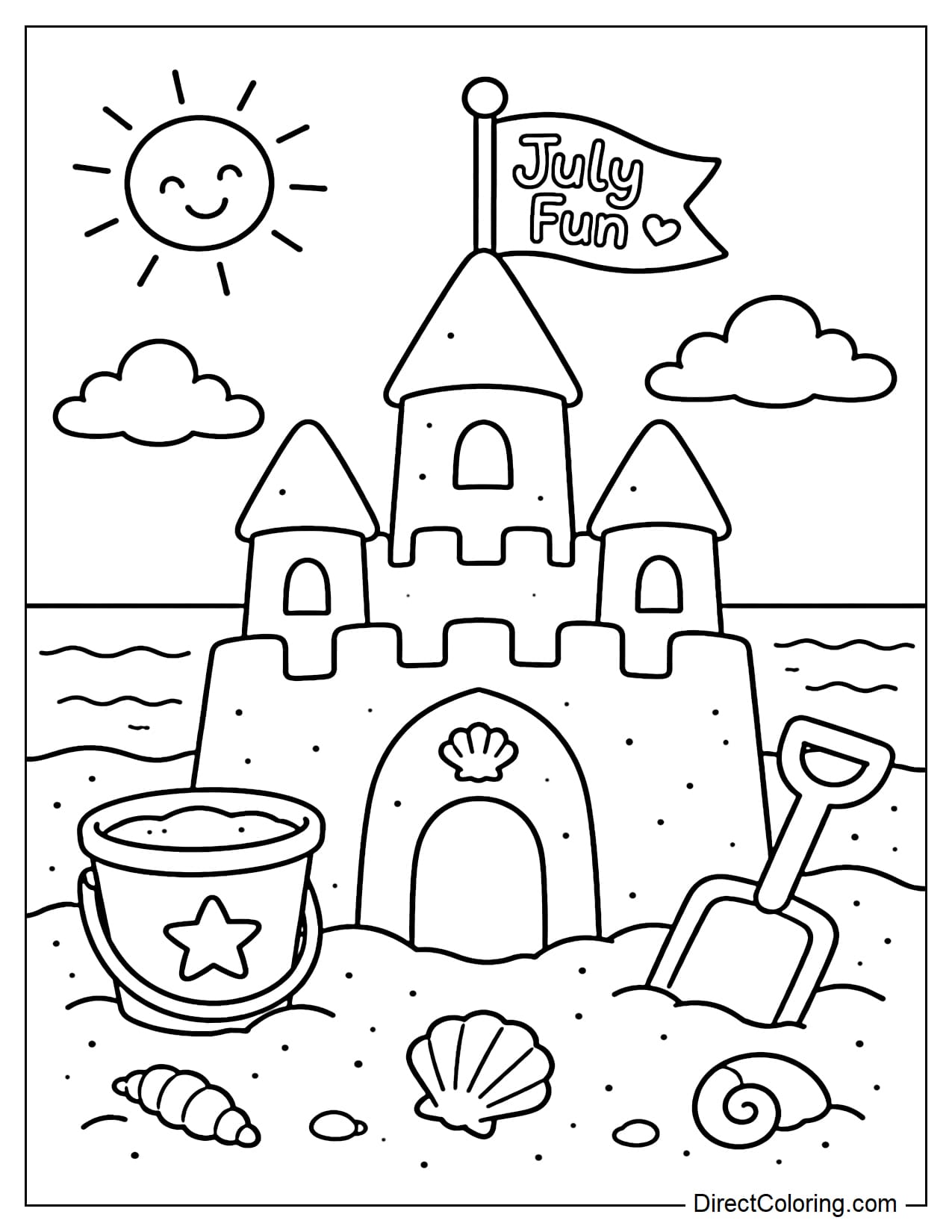 A large sandcastle on the beach with a small flag that says 