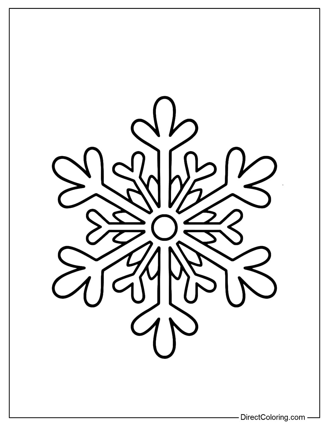 A coloring page of a simple, cute six-petaled snowflake with rounded, heart-shaped tips.