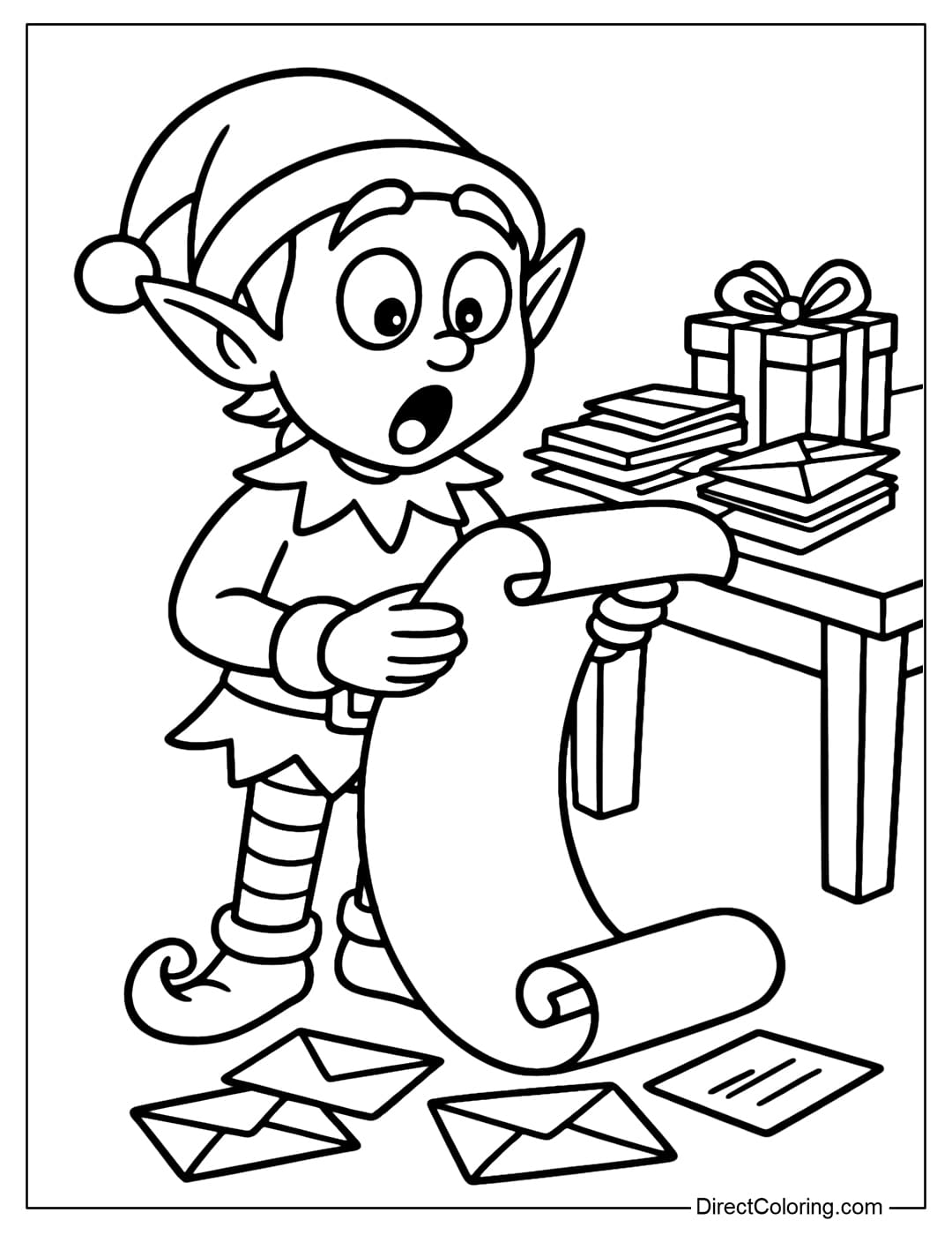 A coloring page of an elf holding a long list, eyes wide open in amazement, next to a desk full of letters and gifts.