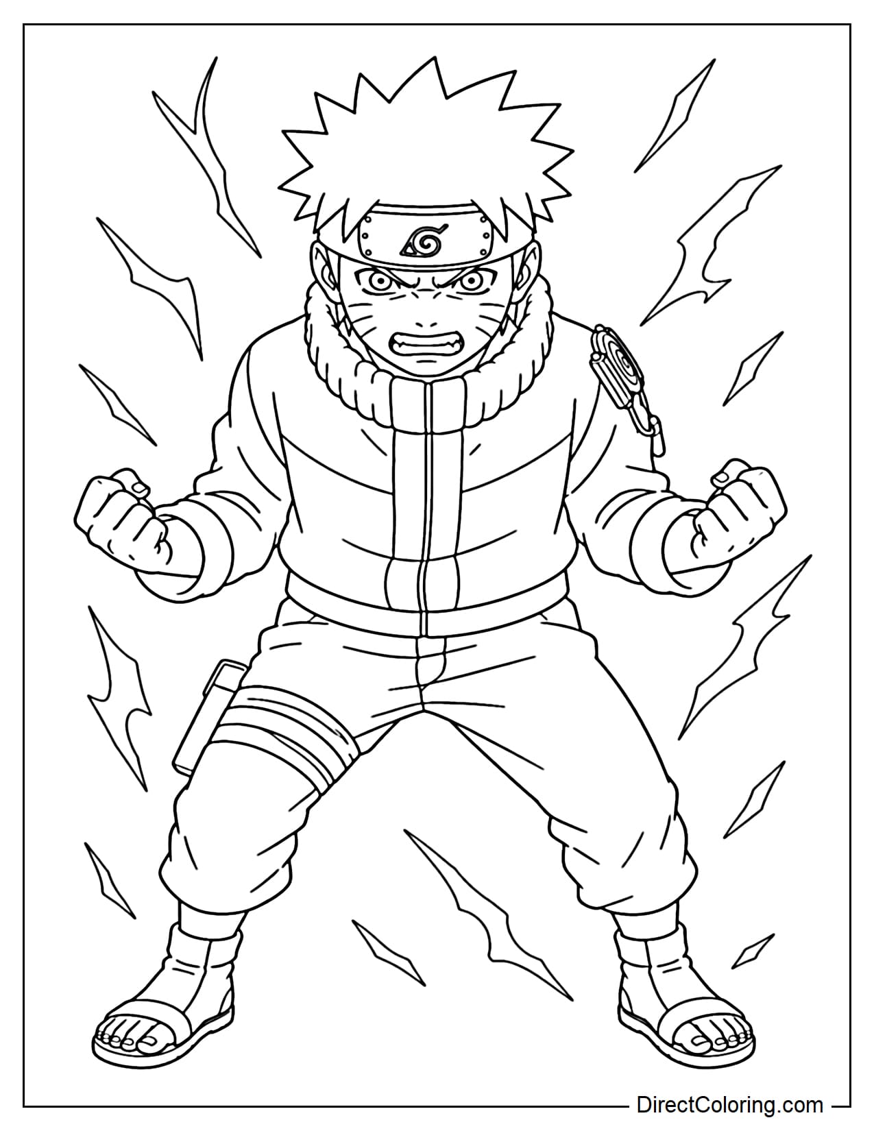 Naruto is looking angry, his hands clenched, with several gusts of energy around him.