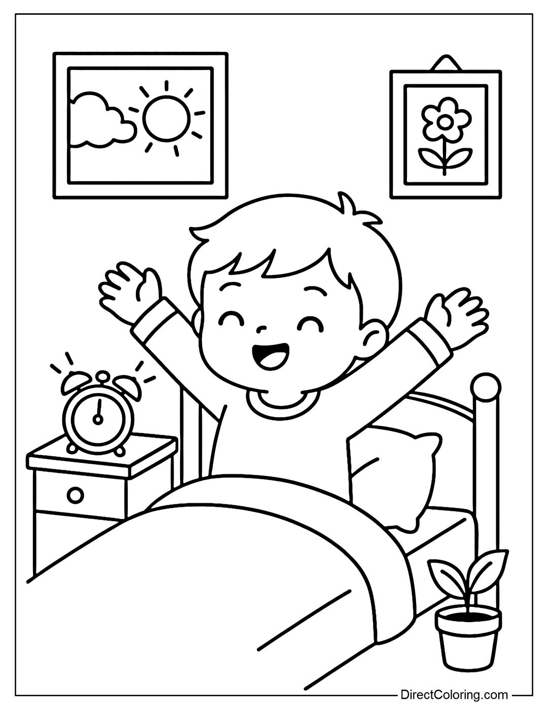 Coloring page of a cute little boy stretching in bed with the alarm clock going off, in a neat room early in the morning.