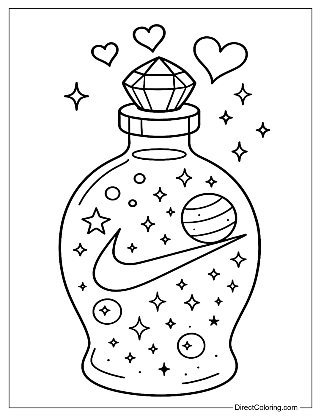 A Nike water bottle coloring page with a stylized shape like an elixir bottle, a jeweled cap, cosmic motifs and rising heart-shaped steam.